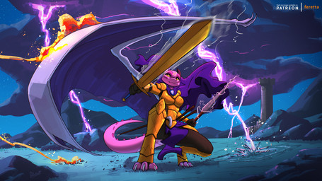 action_scene armor breasts broadsword building cape clothing dragon_wings dual_wielding electric_spear electricity enchanted_weapon female gold_(metal) gold_armor gold_sword holding_object holding_weapon javelin lightning looking_at_viewer magic melee_weapon night non-mammal_breasts one_wing pink_body pink_skin polearm scenery spear sword tower weapon yellow_eyes feretta kobold scalie 16:9 hi_res widescreen