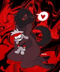 anthro black_hair brown_body brown_fur curved_horn dewclaw_hooves dot_eyes fangs fur hair heart_symbol hooves horn kneeling male mane mane_hair open_mouth open_smile plushie smile solo teeth wide_eyed wonderslug corn_kidz_64 seve_(corn_kidz_64) canid canine canis demon domestic_dog mammal hi_res