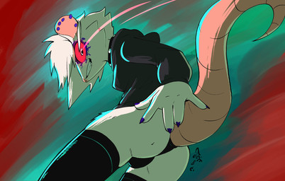 anthro big_hair bottomwear breasts bulge cheek_tuft clothing collar colored_nails ear_piercing eye_markings facial_tuft fur furgonomic_bottomwear furgonomic_underwear furgonomics glowing glowing_eyes gradient_background gynomorph hair hoodie intersex legwear long_tail markings menacing_aura nails panties piercing pink_nose red_eyes sharp_nail sharp_teeth simple_background smile solo stockings studded_collar studs tail teeth thigh_highs topwear tuft underwear white_body white_fur jojo_hernandez ani_(anhedonia) american_opossum mammal marsupial hi_res signature