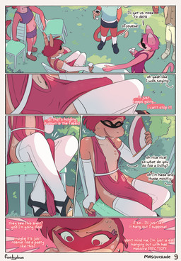 anthro beverage blush blush_lines breasts bulge clothed clothing crowd dialogue dress erection erection_under_clothing exhibitionism freckled_face freckled_shoulders freckles grass group gynomorph intersex nipple_outline outside party plant public public_erection skimpy sunny tail tenting text tree conditional_dnp djannetur funkybun equid equine horse mammal comic english_text hi_res trans_(lore) trans_woman_(lore)