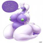 2016 anthro averyshadydolphin belly big_breasts breasts curvy_figure digital_media_(artwork) dragon english_text female fupa generation_6_pokemon goodra green_eyes hand_on_breast hi_res huge_breasts looking_at_viewer master mythological_creature mythological_scalie mythology nintendo nipples non-mammal_breasts nude overweight overweight_anthro overweight_female ownership pokemon pokemon_(species) scalie seductive simple_background smile smug solo tail teasing text thick_thighs voluptuous white_body white_skin wide_hips