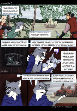 4_fingers 4_toes anthro black_hair black_nose blue_eyes bound cage captured city cloak clothed clothed_anthro clothed_male clothing dialogue fangs feet fingers flashback forest fur gag gagged grey_body grey_fur group hair hands_tied hindpaw humanoid_hands in_cage knife male multicolored_body multicolored_fur outside paws plant prisoner sea ship shirt snout_tied speech_bubble tail teeth text toes topwear trauma traumatized tree tunic two_tone_body two_tone_fur vehicle water watercraft white_body white_fur spiritofash andreas_(spiritofash) therion_(spiritofash) canid canine canis human mammal wolf comic english_text hi_res