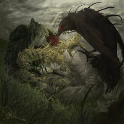 beak black_body black_feathers blonde_hair clothed clothing cloud collared_shirt duo eye_scar facial_hair facial_scar feathers feral flower grass hair headgear headwear light light_beam long_hair lying male on_ground on_side outside plant rose_(flower) rose_in_beak scar sculpture shirt size_difference statue sunbeam sunlight tail topwear white_clothing white_dress_shirt white_topwear yellow_clothing yellow_headwear karlloveran castle_of_nations law_of_talos arma_(unknown_person) karl_(unknown_person) animate_inanimate avian bird corvid corvus_(genus) humanoid living_statue oscine passerine raven 1:1 2025 hi_res