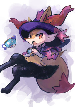 3_fingers 3_toes :o ambiguous_anthro ambiguous_gender anthro big_tail biped black_body black_fur cape clothing cosplay digitigrade dipstick_tail feet fingers floating fur hat headgear headwear inner_ear_fluff looking_at_viewer markings mostly_nude_ambiguous mostly_nude_anthro multicolored_body multicolored_fur object_in_tail open_mouth orange_body orange_eyes orange_fur orange_inner_ear_fluff orange_nose orange_tail_tip purple_cape purple_clothing purple_hat purple_headwear side_view simple_background snout solo stick stick_in_tail tail tail_markings toes tongue tuft two_tone_tail white_body white_fur yellow_body yellow_fur yellow_tail ikei nintendo pokemon animate_inanimate braixen canid generation_4_pokemon generation_6_pokemon generation_8_pokemon mammal mismagius pokemon_(species) sinistea sinistea_(antique_form) 2022 cel_shading colored_sketch digital_media_(artwork) digital_painting_(artwork) english_description full-length_portrait hi_res painting_(artwork) portrait shaded signature sketch