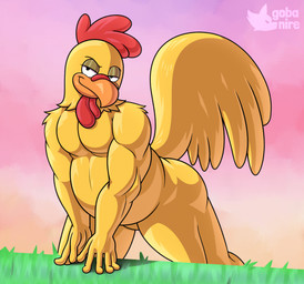 5_fingers anthro arched_back arm_tuft athletic athletic_anthro athletic_male beak bedroom_eyes belly biceps big_belly big_butt biped black_eyes butt butt_pose feather_hair feathers featureless_crotch fingers glance gradient_sky grass grinning_at_viewer half-closed_eyes head_feathers humanoid_hands logo male musclegut muscular muscular_anthro muscular_male narrowed_eyes neck_tuft nude orange_beak outside overweight overweight_anthro overweight_male pecs pink_sky plant pose pseudo_hair red_feather_hair seductive shoulder_tuft sky smile smiling_at_viewer smirk smirking_at_viewer smug smug_expression smug_eyes smug_face smug_grin solo tail tail_feathers thick_thighs tuft vein veiny_muscles white_sclera wide_hips yellow_body yellow_feathers gobanire family_guy ernie_the_giant_chicken avian bird chicken galliform gallus_(genus) phasianid 2025 artist_logo colored detailed digital_drawing_(artwork) digital_media_(artwork) hi_res pinup shaded
