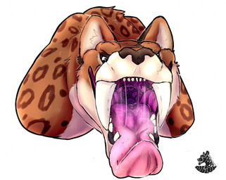 anthro bodily_fluids female looking_at_viewer mouth_shot open_mouth saliva solo spots throat tongue tongue_out nolow felid mammal prehistoric_species saber-toothed_tiger 2017