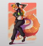 abstract_background accessory anthro arm_tuft armwear barefoot belt biped black_body black_bottomwear black_clothing black_fur black_pants blonde_hair bottomwear bra breasts cheek_tuft claws cleavage clothed clothing ear_piercing ear_ring elbow_gloves elbow_tuft eyelashes eyewear facial_tuft feet female fingerless_gloves fishnet_clothing fishnet_topwear fur glasses gloves green_bra green_clothing green_underwear hair hair_accessory hair_tie handwear inner_ear_fluff leg_markings light markings mascot midriff navel pants pawpads paws piercing pink_pawpads ponytail red_body red_fur ring_piercing scarf shadow snout socks_(marking) solo sunset toe_claws topwear torn_bottomwear torn_clothing torn_gloves torn_handwear torn_pants tuft underwear white_body white_fur white_inner_ear_fluff quazarasci linux xenia_(linux) canid canine fox mammal red_fox true_fox 2025 digital_media_(artwork) hi_res lighting shaded trans_(lore) trans_woman_(lore)