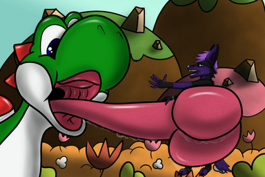 anthro black_body black_fur blue_eyes blue_nose blush bodily_fluids claws close-up colorful_background cosmic_hair drooling duo ethereal_hair femboy fur green_body happy imminent_vore male male/male mouth_shot open_mouth oral_vore purple_body purple_fur retro saliva soft_vore sparkles throat tongue tongue_out tongue_wrapped toothless_mouth vore white_body wristband platinex mario_bros nintendo super_nintendo kitsunaki yoshi_(character) canid canine dinosaur fox green_yoshi mammal prehistoric_species reptile scalie yoshi 2024 hi_res