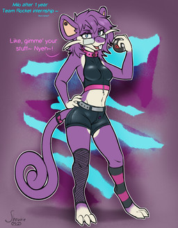accessory anthro bottomwear breasts buckteeth clothing collar dialogue digitigrade female fishnet_clothing fishnet_legwear furgonomics legwear looking_at_viewer pokeball purple_body shorts simple_background smile solo standing tail tail_accessory teeth text shrubie_fox nintendo pokemon team_rocket milo_(shrubie_fox) generation_1_pokemon pokemon_(species) rattata 2025 digital_media_(artwork) english_text hi_res