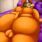 anthro backsack balls big_butt butt genitals hair horn looking_at_viewer looking_back lying male nude on_front overweight overweight_anthro overweight_male red_hair solo teeth thevillager mario_bros nintendo bowser koopa scalie 1:1 hi_res