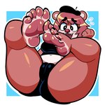 1:1 5_toes anthro bear beret camel_toe clothing feet female foot_focus freckled_face freckles hat headgear headwear hi_res humanoid_feet mammal midriff navel plantigrade sherry_bear_(blarf022) soles solo spread_legs spreading squeezysquisher thick_thighs toes