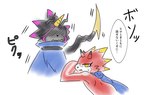 anthro black_body blade duo male red_body tail tail_blade text weapon_tail digital_itachi7 bandai_namco digimon digimon_ghost_game betelgammamon digimon_(species) gulusgammamon hi_res japanese_text translation_request