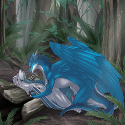 against_natural_surface against_surface bent_leg black_claws black_horn black_sclera blue_body blue_countershading blue_eyes blue_feathers blue_mane blue_membrane bodily_fluids cheek_horn claws countershade_neck countershade_tail countershade_torso countershading cum cum_from_vagina cum_in_vagina cum_inside detailed_background duo erection eye_markings eyes_closed facial_markings feathered_wings feathers female female_feral female_on_bottom female_penetrated feral feral_on_feral feral_penetrated feral_penetrating feral_penetrating_feral fingerless_(marking) folded_wings forest from_front_position fur genital_fluids head_horn head_markings horn looking_at_another looking_at_partner lying male male/female male_feral male_on_top male_penetrating male_penetrating_female mane markings membrane_(anatomy) membranous_wings missionary_position multi_ear on_back on_bottom on_top open_mouth outside outside_sex penetration penile penile_penetration penis_in_vagina plant pregnant pregnant_female pregnant_feral pregnant_sex reverse_countershading sex tail tail_mane teeth_showing text toe_claws tree vaginal vaginal_penetration white_body white_countershading white_fur white_mane wing_claws wings endermoonfur european_mythology mythology kealyth mystical_stratus dragon mythological_creature mythological_scalie scalie western_dragon 1:1 2019 absurd_res artist_name dated digital_media_(artwork) hi_res