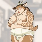 anthro antlers belly big_moobs blush briefs brown_body brown_fur bulge clothing covering covering_self embarrassed fur horn male markings moobs overweight solo spots spotted_body spotted_fur tighty_whities underwear white_briefs white_clothing white_underwear butti_myroom tamacolle kazusa deer mammal 1:1