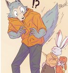 2020 ?! anthro beastars canid canine canis clothed clothing comic cross-popping_vein domestic_rabbit duo dwarf_rabbit eden_fries female fluffy fluffy_tail fully_clothed fur haru_(beastars) hi_res holding_object holding_plushie lagomorph larger_male legoshi_(beastars) leporid looking_at_another male mammal oryctolagus plushie rabbit simple_background size_difference smaller_female tail tan_background vein wolf
