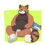 anthro belly big_belly green_eyes kemono male moobs navel nipples overweight overweight_male simple_background sitting solo flappydog ailurid mammal red_panda 2024