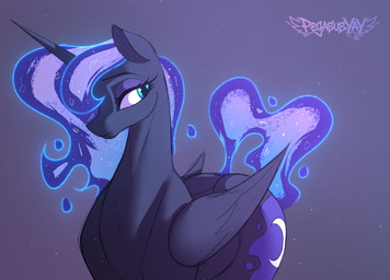 blue_body blue_eyes blue_hair blue_mane constellation_mane crescent_moon cutie_mark dark_body ethereal_hair ethereal_mane eyelashes eyeshadow female feral glowing glowing_mane hair half-turned horn horn_glow long_neck looking_at_viewer looking_back magical_hair majesty makeup mane moon night profile pseudo_hair pseudo_mane purple_background royalty side_view simple_background smile smirk solo starry_mane stylized tall_pony wings pegasusyay pegasusyay_(artist) friendship_is_magic hasbro my_little_pony mythology princess_luna_(mlp) equid equine horse mammal mythological_creature mythological_equine pony winged_unicorn digital_drawing_(artwork) digital_media_(artwork) hi_res signature