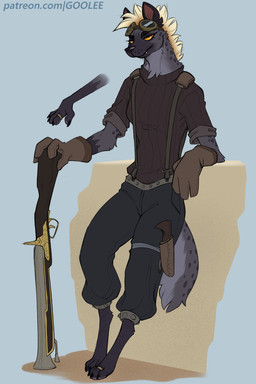 anthro biped bottomwear breasts claws clothed clothed_anthro clothed_female clothing feet female fingers front_view fully_clothed fully_clothed_anthro fully_clothed_female fur gloves hair handwear looking_at_viewer solo spots standing tail teeth text toes topwear goolee boomstick_(goolee) fan_character hyena mammal 2026 2:3 digital_drawing_(artwork) digital_media_(artwork) hi_res url