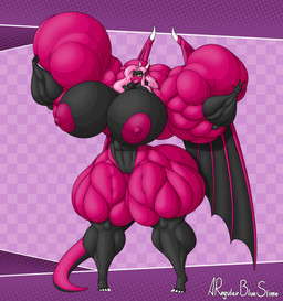 anthro areola big_areola big_breasts big_butt big_muscles big_nipples big_pussy black_body breasts butt female genitals green_eyes growth hair horn huge_areola huge_breasts huge_butt huge_muscles huge_nipples hyper hyper_breasts hyper_butt hyper_muscles long_wings macro muscle_growth muscular muscular_anthro muscular_arms muscular_female muscular_legs nipples nude nude_anthro nude_female pink_body pink_hair small_waist solo tail vulva wings aregularblueslime mythology dragon lizard mythological_creature mythological_scalie reptile scalie absurd_res hi_res