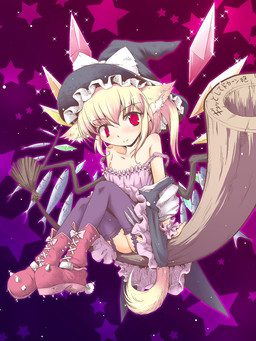 abstract_background ahoge blonde_hair blush broom cleaning_tool clothing crystal female fox_tail hair hat headgear headwear knife legwear lingerie looking_at_viewer red_eyes simple_background smile solo star stockings weapon wings witch_hat young young_female young_humanoid futatsuki_hisame touhou flandre_scarlet animal_humanoid canid canid_humanoid canine canine_humanoid fox fox_humanoid humanoid mammal mammal_humanoid vampire 3:4 hi_res