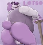 2023 absurd_res anthro anus backsack balls bear bottomless butt cane clothed clothing disney dress_shirt dudebulge facial_hair genitals half-closed_eyes hi_res looking_at_viewer looking_back looking_back_at_viewer lotso low-angle_view male mammal mature_male mustache narrowed_eyes overweight overweight_male penis pixar portrait presenting presenting_hindquarters purple_body shirt short_tail simple_background solo tail three-quarter_portrait topwear toy_story vest