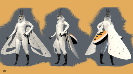 ambiguous_gender antennae_(anatomy) anthro arthropod_abdomen black_spots compound_eyes fur grey_hair hair hand_on_hip insect_wings multiple_angles neck_tuft nude pose simple_background solo spots tuft white_body white_fur wide_hips wings syn-blue lumi_(syntaxblue) arthropod insect lepidopteran moth 16:9 2018 3d_(artwork) 4k absurd_res digital_media_(artwork) hi_res model_sheet widescreen