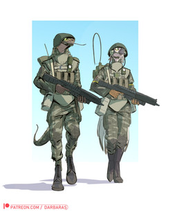 ambiguous_gender antenna_wire anthro armor army backpack beak biped boots border camo clothed clothing duo electronics feathers footwear fur gradient_background green_eyes gun headgear headphones helical_magazine helmet holding_gun holding_object holding_ranged_weapon holding_weapon looking_aside male military military_uniform patreon_logo patreon_username ranged_weapon rifle shadow shoes simple_background soldier tail text tongue tongue_out uniform walking warrior weapon white_body white_border white_fur darbaras patreon avian bird lizard reptile scalie 2022 colored hi_res url