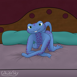 all_fours bed bed_sheet bedding bedroom_eyes buckteeth furniture genitals grabbing_sheets male markings narrowed_eyes nude penis pillow seducing_viewer seductive solo spots spotted_markings tail tapering_penis teeth whitesky layon amphibian frog humanoid lizard reptile scalie 1:1 hi_res