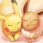 1:1 2018 ambiguous_gender black_nose brown_body brown_fur cheek_to_cheek daww dipstick_ears duo ear_markings eevee eyes_closed face_squish feral fur generation_1_pokemon hi_res multicolored_ears niki2ki884 nintendo on_model pikachu pokemon pokemon_(species) red_cheeks simple_background smile squish tuft yellow_body