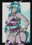 2019 absurd_res anthro anthrofied arthropod big_breasts bra breasts changeling cleavage clothed clothing colored english_text female friendship_is_magic garter_straps genitals hair hasbro hi_res legwear longinius marker_(artwork) my_little_pony panties pen_(artwork) pussy queen_chrysalis_(mlp) solo squish text thick_thighs thigh_highs thigh_squish traditional_media_(artwork) underwear