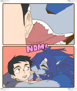 anthro blue_body blue_fur blue_hair cuddling ear_nibble female female_on_human fur hair hug human_on_anthro interspecies larger_anthro larger_female licking male male_on_anthro romantic romantic_couple side_view size_difference smaller_male smile tongue rekidesu mythology ren_(rekidesu) tsukiko_(rekidesu) canid canine canis human mammal mythological_canine mythological_creature werecanid werecanine werecreature werewolf wolf 2025 comic hi_res