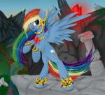 blue_body blue_feathers blue_fur blue_sky column cutie_mark feathered_wings feathers female feral fur furgonomics gem glowing grass hair headdress jewelry multicolored_hair multicolored_tail necklace outcrop outside plant rainbow_hair rainbow_tail river rock ruby_(gem) sky solo tail tree wings santagiera friendship_is_magic hasbro my_little_pony mythology rainbow_dash_(mlp) equid equine mammal mythological_creature mythological_equine pegasus 2014