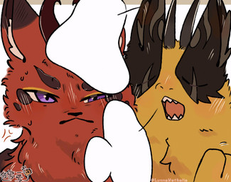 ambiguous_gender angry annoyed black_body black_fur blush cross-popping_vein duo eyes_closed feral fur fur_markings horn looking_at_viewer markings mouth_closed multicolored_body multicolored_fur open_mouth purple_eyes red_body red_fur simple_background speech_bubble teeth text two_tone_body two_tone_fur yellow_body yellow_fur lunnanathalia asian_mythology chinese_mythology east_asian_mythology fabulous_beasts fenz_(studio) mythology qiongqi_(fabulous_beasts) taowu_(fabulous_beasts) qiongqi taowu colored hi_res