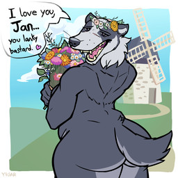 anthro bouquet butt clothing dialogue dress fangs female flower flower_bouquet flower_crown fur grey_body grey_fur heart_symbol nude outside plant sharp_teeth solo tail tail_motion tailwag teeth text windmill yigar ela_(thesignalremains) badger mammal mustelid musteline 1:1 2026 animated animated_gif english_text hi_res short_playtime