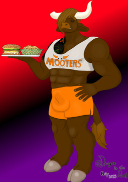 abs anthro balls_outline big_bulge biped bottomwear brown_body brown_eyes brown_hair bulge burger clothing cloven_hooves detailed_bulge food genital_outline hair hair_over_eye heca_wyldhorn holding_food holding_object hooves horn male male_anthro muscular muscular_anthro muscular_male sheath_outline shirt shorts smile solo tail tank_top topwear unguligrade waiter dragon_in_the_dark european_mythology greek_mythology meme_clothing mythology bovid bovine cattle highland_cattle mammal minotaur absurd_res hi_res meme