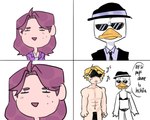 4_panel_comic abs angry anthro bangs beak black_bra black_clothing black_hat black_headwear black_panties black_suit black_underwear blonde_hair blue_clothing blue_shirt blue_topwear blush blush_lines bodily_fluids bra brimmed_hat censor_bar clothed clothing collarbone crossdressing dot_eyes dress_shirt eyewear feather_hands feathers female grey_dress_shirt group hair hat headgear headwear jacket jewelry male medium_hair muscular muscular_human muscular_male navel necklace nude orange_beak panties pecs purple_clothing purple_jacket purple_topwear red_mouth shadow_face shirt simple_background smile standing suit sunglasses sweat sweatdrop tan_body tan_skin text thin_eyebrows topwear trio underwear white_background white_body white_feathers zoom_in existencial-fire menacing_(meme) mystic_messenger jacinto sarnax yoosung_kim anatid anseriform avian bird duck human mammal 2023 censored colored_sketch comic digital_media_(artwork) japanese_text meme shaded simple_shading sketch spanish_text