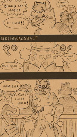 anthro balls boxers_(clothing) bulge circumcised clothing dialogue embarrassed embarrassing_nudity exhibitionism exposed flaccid genitals glans group humiliation magic magic_user male male/male nipples nude outside penis public text underwear remmus_cobalt ferdinand_the_folf 9:16 comic english_text hi_res monochrome