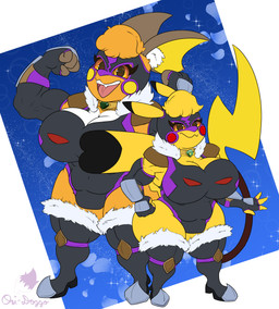 abs arm_guards armor biceps big_breasts big_muscles boots breasts clothing cosplay_pikachu_(costume) duo evolution evolutionary_stone female flexing flexing_bicep flexing_both_biceps flexing_muscles footwear fur_collar genitals huge_breasts huge_muscles huge_thighs jewelry knee_pads leather leather_armor legwear long_boots lucha_libre_mask mask muscular muscular_female one-piece_swimsuit pendant shoes shoulder_pads sports_mask sportswear steel_toed_boots swimwear tail thick_thighs thigh_boots thigh_highs thunder_stone wrestling_mask conditional_dnp ori-doggo nintendo pokemon pikachu_libre volta_(ori-doggo) generation_1_pokemon pikachu pokemon_(species) raichu absurd_res hi_res