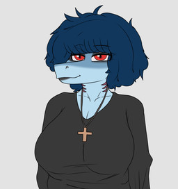 alternate_costume alternate_hairstyle alternative_fashion anthro big_breasts biped black_clothing black_eyeshadow black_lipstick black_shirt black_topwear blue_hair breasts clothed clothed_anthro clothed_female clothing cross eyebrow_through_hair eyebrows eyeshadow female front_view gills goth grey_background hair half-closed_eyes jewelry lipstick looking_at_viewer makeup medium_hair narrowed_eyes necklace non-mammal_breasts red_eyes shirt simple_background smile solo topwear translucent translucent_hair hyuvevo valerie_(mellowcapsaicin) aquatic fish mackerel_shark megalodon prehistoric_species shark 2025 absurd_res colored half-length_portrait hi_res portrait