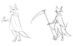 anthro armband armwear belt canid canine cloak clothing dreamworks duo famine_(plobster) fan_character female fluffy fox hi_res holding_object holding_weapon long_tail male mammal monochrome mouse murid murine pestilence_(plobster) poncho prick_ears pupils puss_in_boots_(dreamworks) random_seafood rodent sitting size_difference sketch smile standing tail weapon