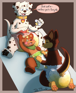 anthro bodily_fluids changing_mat clothed clothing collar diaper diaper_change drooling fur genital_fluids group hypnosis male male/male markings mind_control open_mouth pacifier pawpads paws pendulum saliva semi-anthro simple_background spots spotted_body spotted_fur tail text trio unclean_diaper urine used_diaper wearing_diaper wet_diaper wetting wetting_diaper white_body white_fur jake_the_traveler paw_patrol chase_(paw_patrol) marshall_(paw_patrol) bear canid canine canis dalmatian domestic_dog german_shepherd herding_dog mammal pastoral_dog absurd_res digital_media_(artwork) english_text hi_res