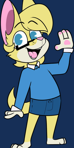 3_toes 4_fingers ambiguous_gender anthro barefoot biped black_mouth blue_clothing blue_eyes blue_shirt blue_topwear bottomwear clothing eyebrow_through_hair eyebrows eyewear feet fingers fur gesture glasses gloves_(marking) hair leg_markings markings pawpads pink_inner_ear pink_nose pink_pawpads pink_tongue rectangular_glasses shirt simple_background socks_(marking) solo standing tail teeth toes tongue topwear translucent translucent_hair transparent_background waving waving_at_viewer yellow_body yellow_ears yellow_fur yellow_tail chokovit_(artist) choko_(chokovit) canid canine canis chihuahua domestic_dog mammal toy_dog 2017 alpha_channel colored digital_drawing_(artwork) digital_media_(artwork) full-length_portrait hi_res portrait