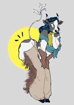 abstract_background anthro belly_overhang big_butt biped black_body black_fur black_hair breasts butt chaps cleavage clothed clothing emanata female fur hair horn kerchief leaning leaning_forward looking_back side_view simple_background slightly_chubby solo white_body white_fur sori0414 bovid bovine cattle mammal 2025 digital_drawing_(artwork) digital_media_(artwork) hi_res