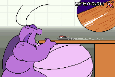 antennae_(anatomy) anthro belly belly_expansion eating eating_food expansion eyebrows eyes_closed feeding furniture gameplay_mechanics green_tongue male purple_body rhythm_game solo table text thick_eyebrows tongue weight_gain bastardpalace goliath_(bastardpalace) arthropod insect 2024 3:2 animated animated_gif digital_media_(artwork) hi_res japanese_text pixel_(artwork) pixel_animation short_playtime