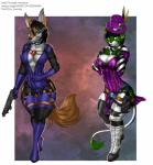 anthro bodysuit clothing collar cosplay duo female skinsuit text text_on_collar tight_clothing unzipped zipper thunder-renamon 2k_games borderlands capcom resident_evil jessica_vega jill_valentine mad_moxxi trix_avenda canid canine canis coyote felid lion mammal pantherine absurd_res english_text hi_res