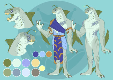 2_toes 4_fingers anthro barefoot big_fangs bite_mark blind_eye blue_clothing blue_scar bottomwear chevron_(marking) claws clothing countershading fangs featureless_crotch feet female fin fingers flat_chested gills gold_(metal) green_body green_mouth lure_(anatomy) markings membrane_(anatomy) nude open_mouth sash scar sharp_teeth simple_background skirt solo standing teeth toes torn_fin underbite webbed_feet webbed_hands white_body white_countershading strawberryoverlord ben_10 cartoon_network fan_character naida_(strawberryoverlord) alien aquatic dunkleosteus fish piscciss_volann placoderm prehistoric_species model_sheet watermark