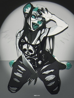 anthro biped bottomwear breasts claws clothed clothed_anthro clothed_female clothing eyewear female fingers front_view fully_clothed fully_clothed_anthro fully_clothed_female fur glasses hair hooves kneeling looking_at_viewer solo teeth tongue topwear hale. canid canine mammal 2026 3:4 absurd_res digital_drawing_(artwork) digital_media_(artwork) hi_res