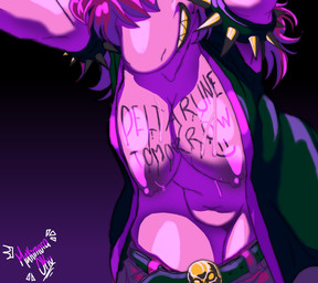 anthro big_breasts body_writing breasts clothed clothing female hair nipples partially_clothed purple_body purple_scales scales simple_background solo teeth text writing_on_breasts kristhianquint4 deltarune deltarune_tomorrow_(meme) undertale_(series) susie_(deltarune) reptile scalie 2025 absurd_res english_text hi_res