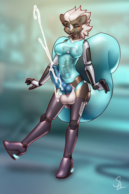 anthro balls bodily_fluids cum ejaculation genital_fluids genital_piercing genitals gynomorph intersex joints knot knotted_penis machine penis penis_piercing piercing robotic robotization solo translucent translucent_body translucent_tail nariikhan robot robot_anthro hi_res