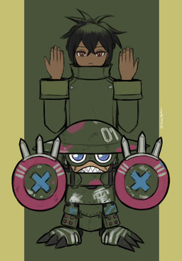 anthro armor black_hair claws duo eyewear goggles hair headgear helmet male ponytail mas_square bandai_namco digimon digimon_beatbreak granit_(digimon_beatbreak) digimon_(species) human ludomon mammal hi_res